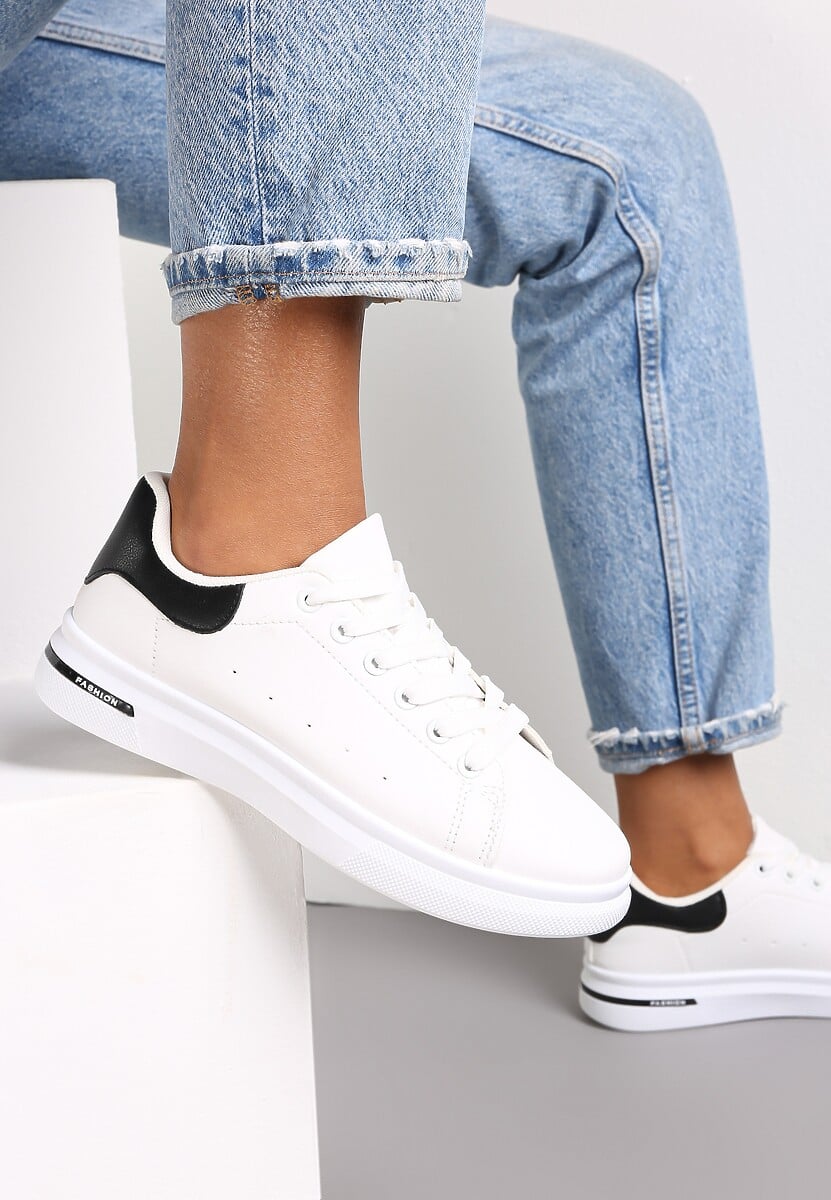 Biało-Czarne Wiązane Sneakersy na Płaskiej Podeszwie z Modną Wstawką Zanelih