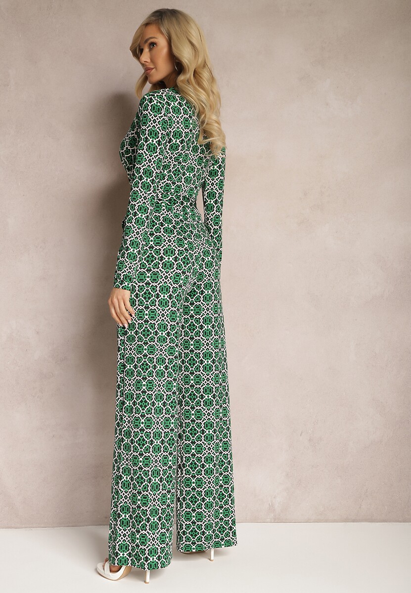 Zielony Kombinezon w Geometryczne Wzory z Szerokimi Nogawkami i Paskiem w Talii Soliti