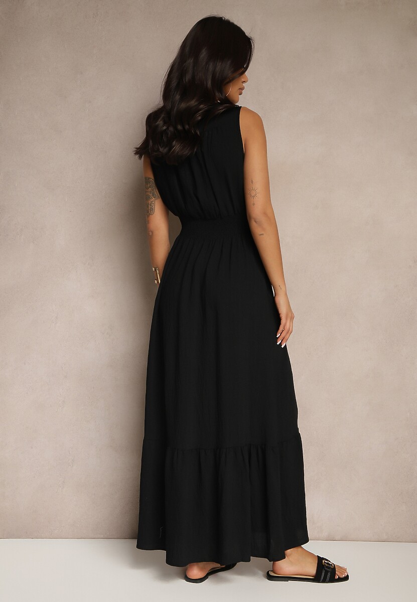 Czarna Rozkloszowana Sukienka o Kopertowym Fasonie z Gumką w Talii Filadira