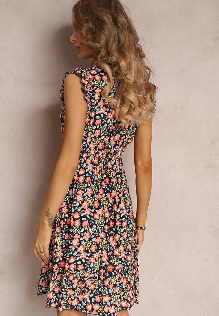 Granatowa Sukienka Rozkloszowana w Kwiaty z Wiskozy Selesima