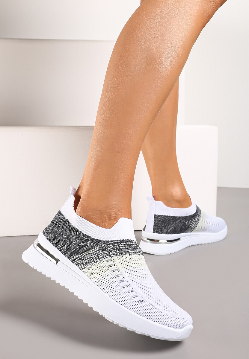 Biało-Czarne Buty Sportowe z Nadrukiem Obmre i Skarpetkową Cholewką Erinevia