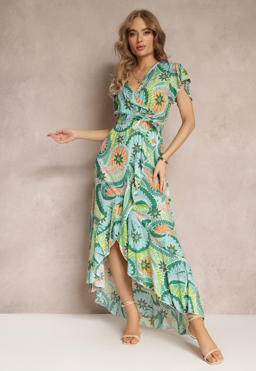 Różowo-Fioletowa Kopertowa Sukienka Maxi z Materiałowym Paskiem i Gumką w Talii z Bawełny Alyn