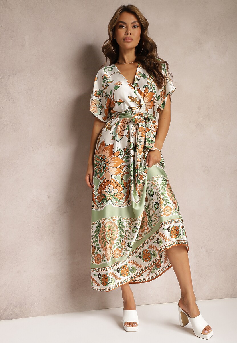 Zielona Kopertowa Sukienka Maxi z Gumką w Talii i Rozkloszowanym Dołem Jeanina