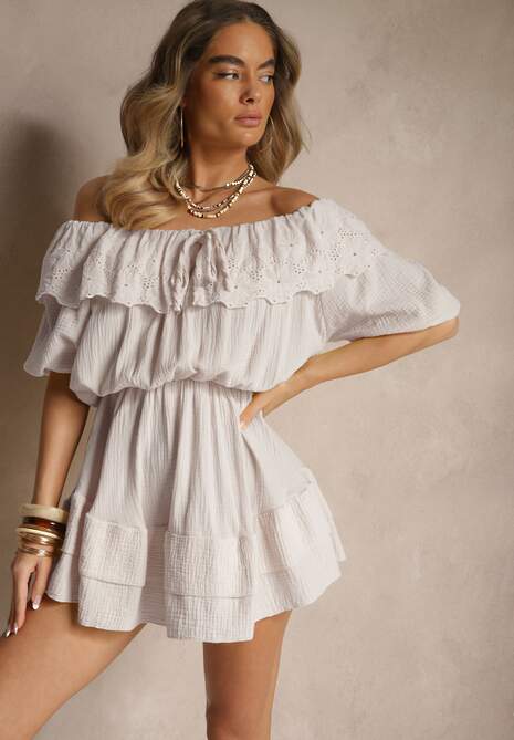 Beżowa Sukienka z Bawełny Ozdobiona Ażurową Falbaną Ranisse