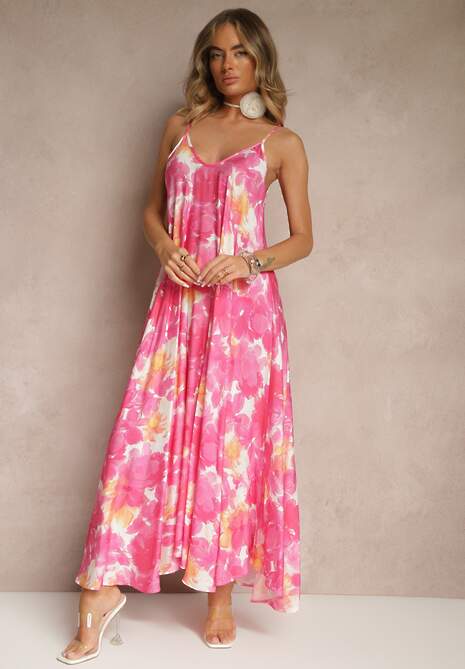 Fuksjowa Wiskozowa Sukienka Ozdobiona Abstrakcyjnym Motywem Nillosea