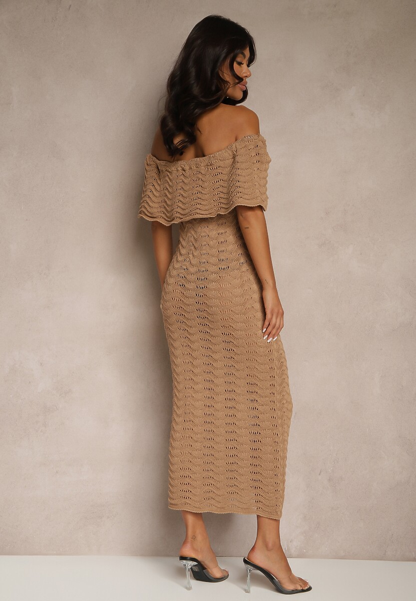 Ciemnobeżowa Sukienka Hiszpanka z Ażurowej Tkaniny z Ozdobnym Dekoltem Filadella