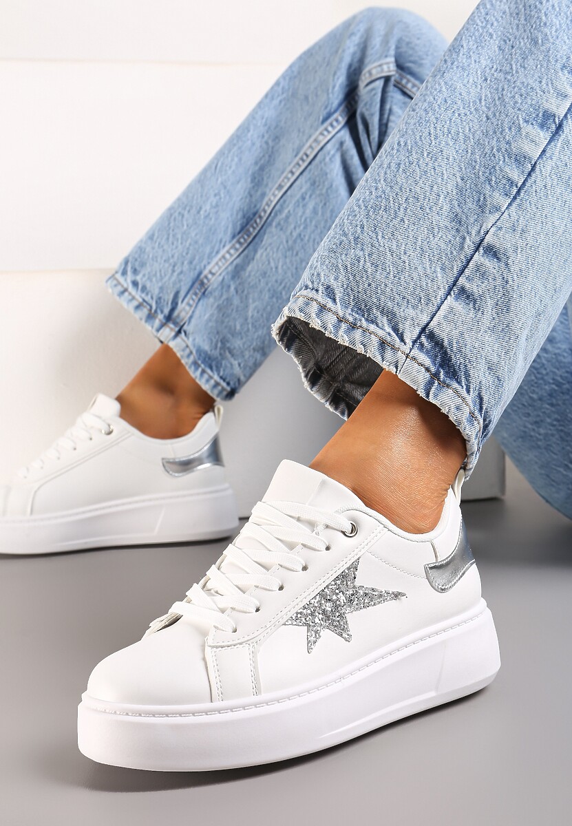 Białe Sneakersy Ozdobione Brokatem na Niskiej Platformie Leonare