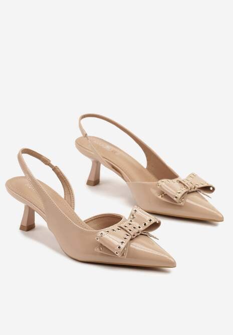 Ciemnobeżowe Lakierowane Sandały na Klepsydrowym Obcasie z Kokardą Davivora