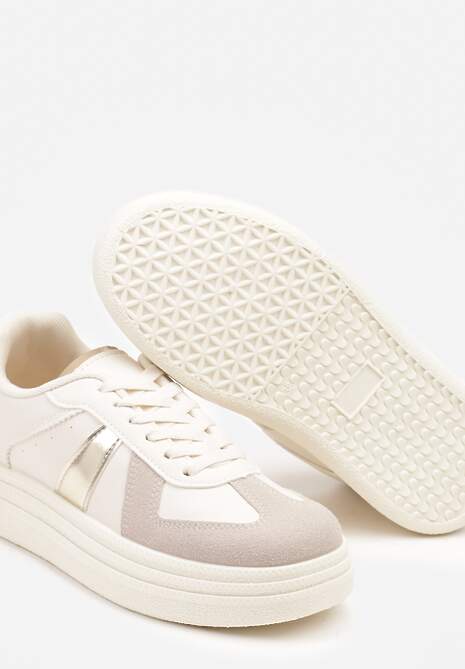 Beżowo-Złote Sneakersy na Platformie Ozdobione Paskami ze Sznurowaniem Bormi