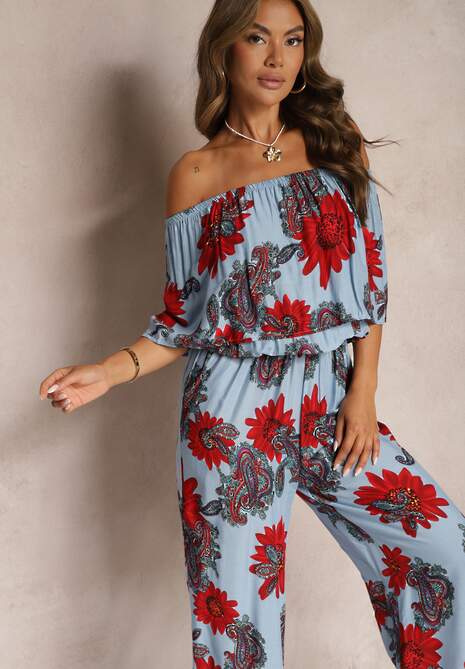 Niebiesko-Czerwony Wiskozowy Taliowany Kombinezon Ozdobiony Kwiecistym Wzorem Nelanora