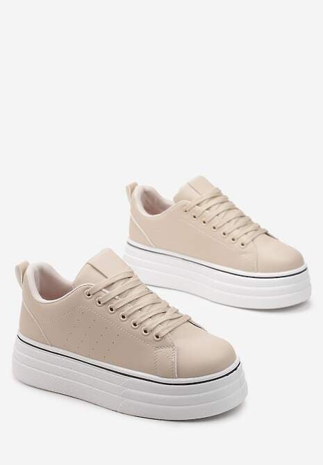 Beżowe Sznurowane Sneakersy  na Platformie z Ekoskóry z Przeszyciami Onurte