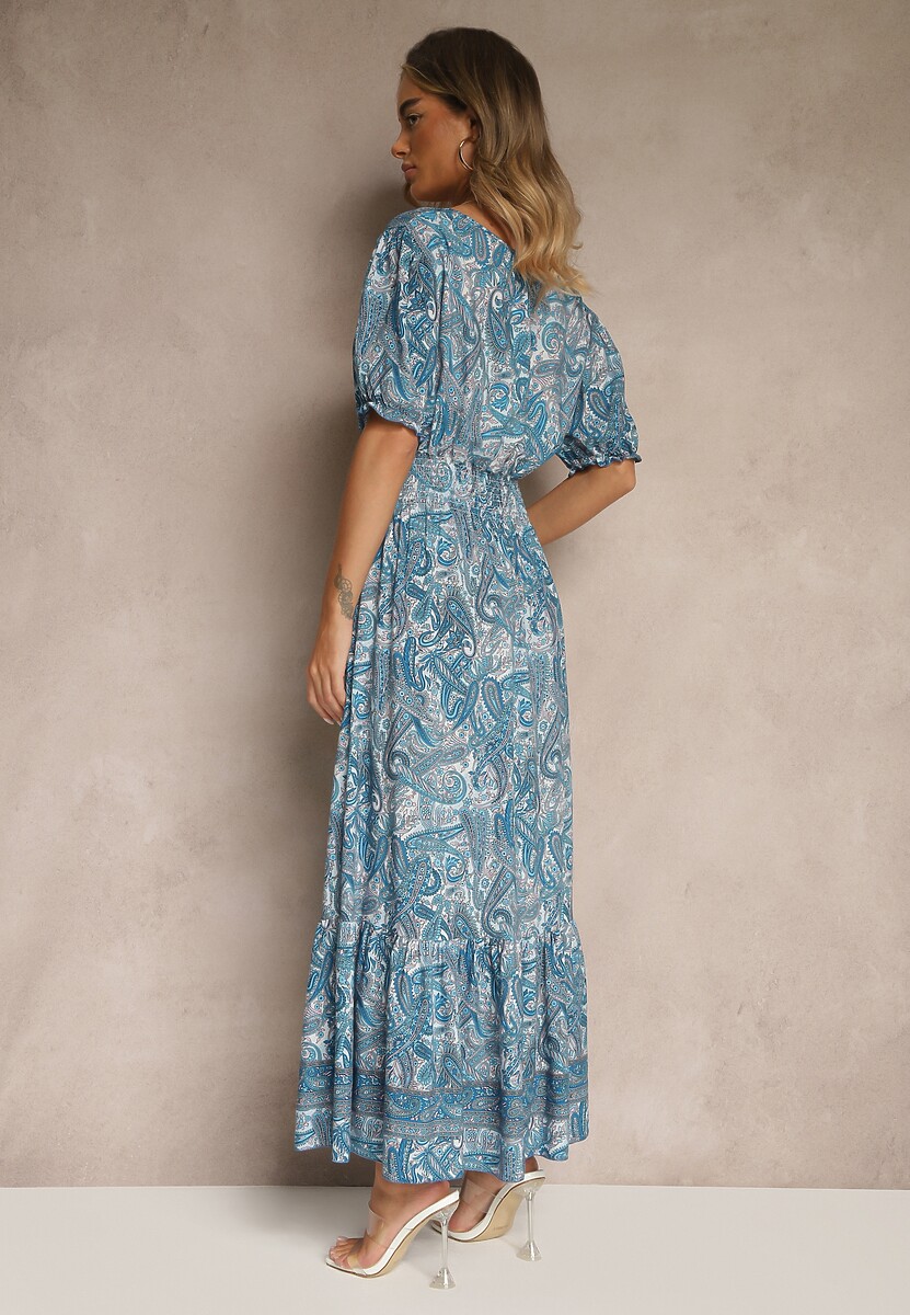 Niebieska Rozkloszowana Sukienka z Bawełny Zdobiona Wzorem Paisley Folitea