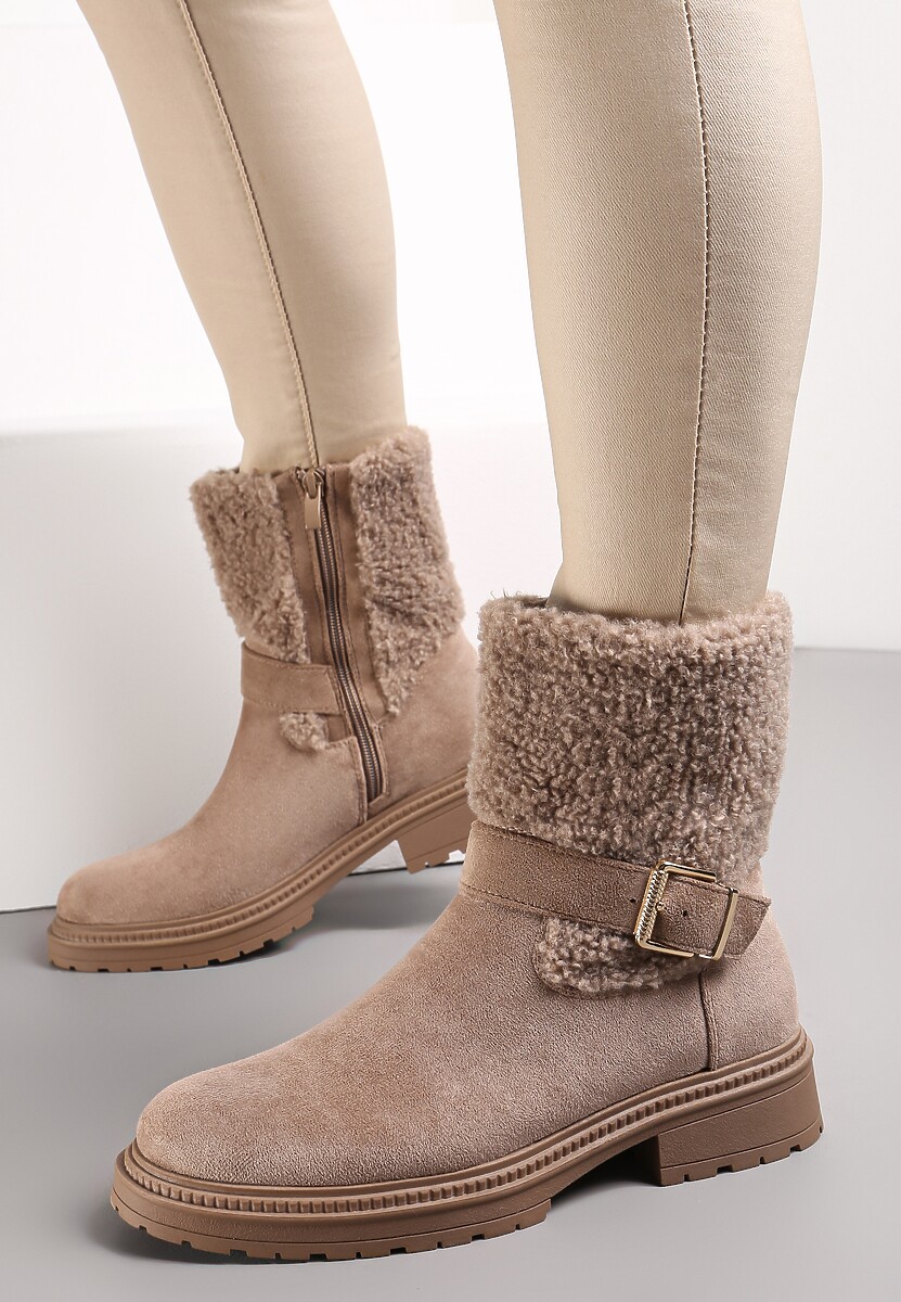 Beżowe Botki z Futerkiem i Paskiem z Klamerką Adorra