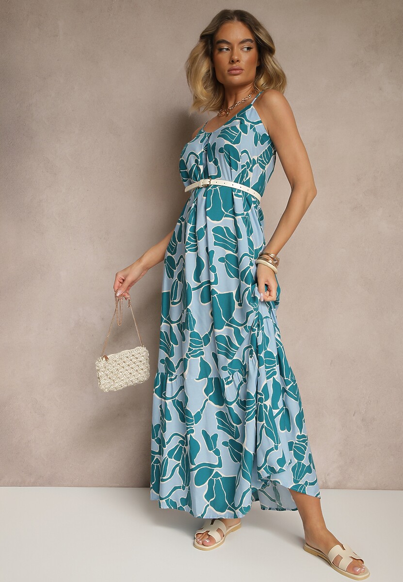 Jasnozielona Wiskozowa Sukienka o Rozkloszowanym Kroju na Cienkich Ramiączkach Sepalina