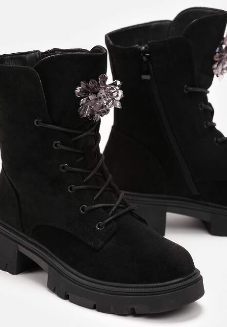 Czarne Botki Workery z Ozdobnymi Kamieniami Oriona