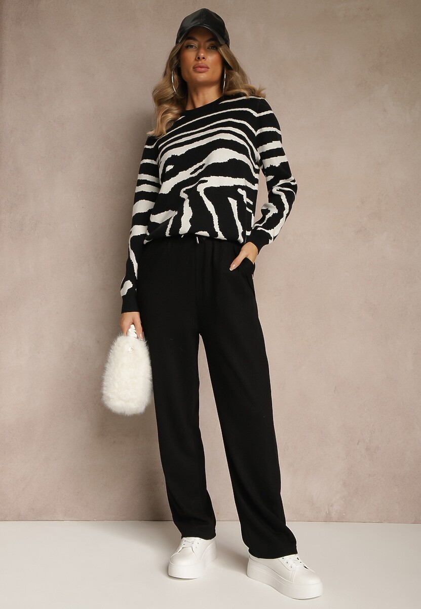 Czarny Klasyczny Sweter w Zebrę Unarella