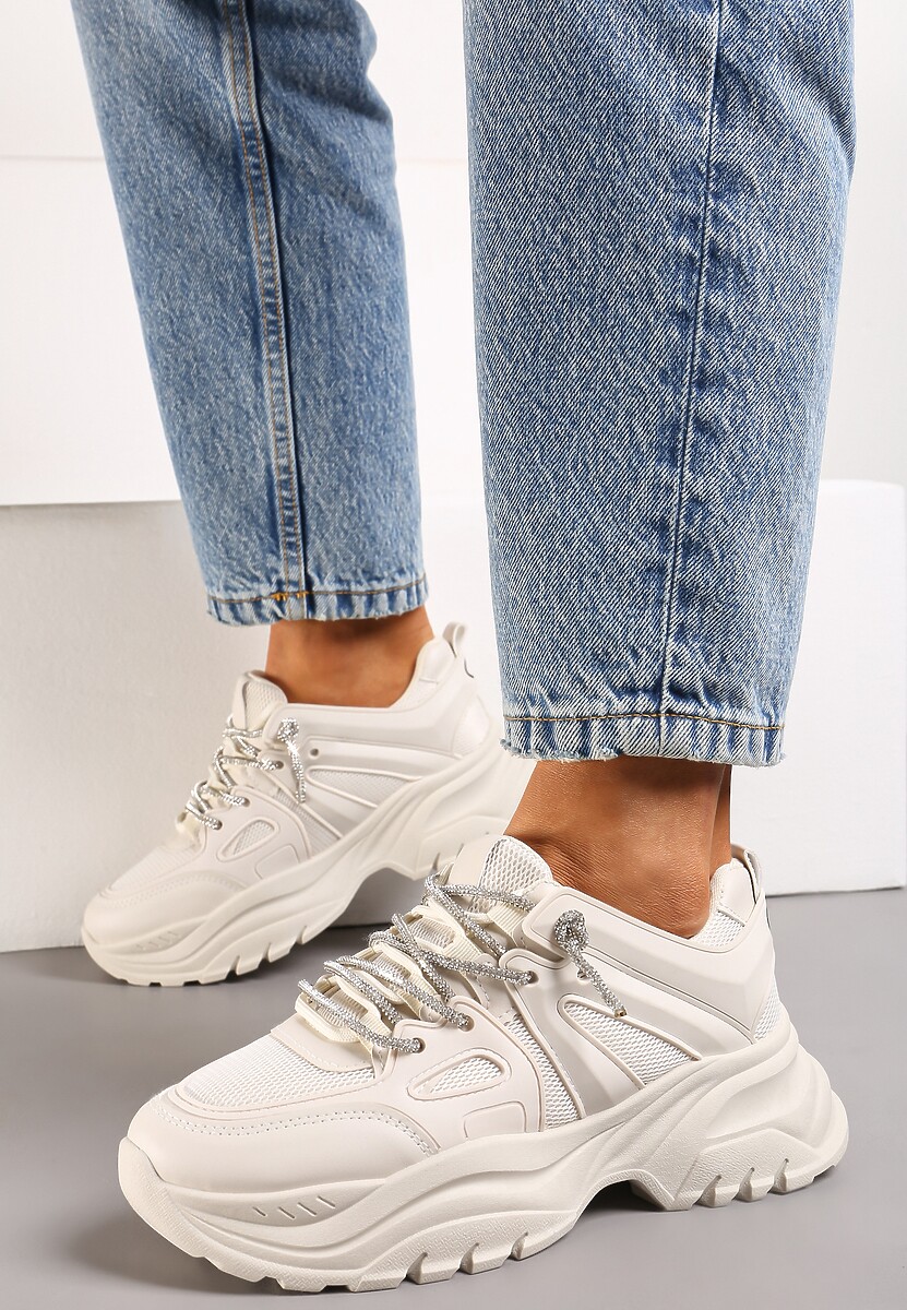 Beżowe Sneakersy na Nieregularnej Grubej Podeszwie z Cyrkoniami  Adirka