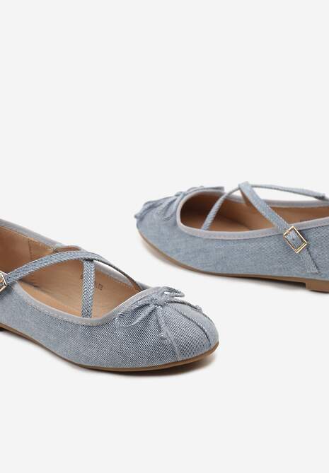 Niebieskie Balerinki z Ozdobnymi Paskami na Sprzączkę i Kokardką Zrisa