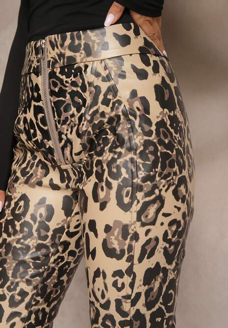 Beżowo-Czarne Spodnie w Panterkę High Waist z Ekoskóry z Ozdobnym Suwakiem i Ociepleniem Ilanilith
