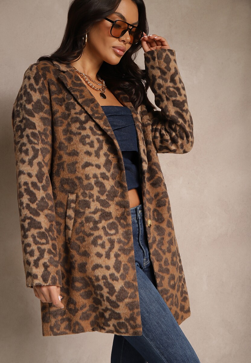 Brązowy Jednorzędowy Płaszcz z Pluszowej Tkaniny w Panterkę Penarria