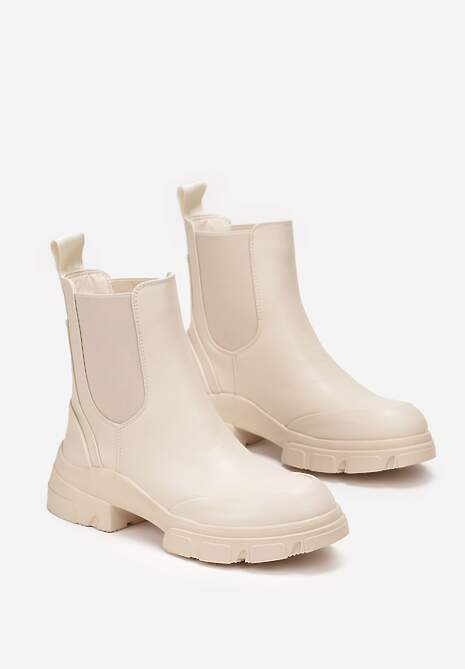 Beżowe Botki Sztyblety na Grubej Podeszwie z Elastyczną Wstawką Elearesa