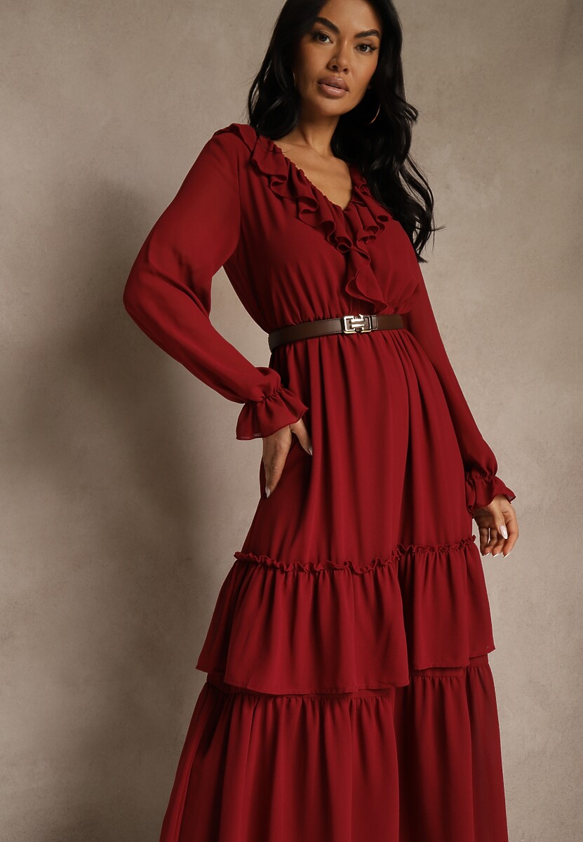 Brązowa Rozkloszowana Sukienka VICES z Falbanami i Transparentnymi Rękawami Aruvite