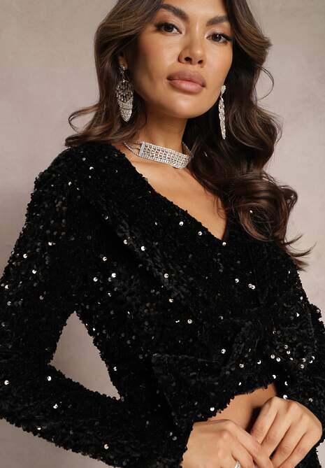 Czarna Krótka Bluzka Welurowa w Cekiny Ronda