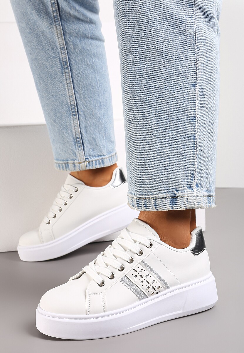 Biało-Srebrne Sneakersy przed Kostkę na Grubej Podeszwie Amelisa