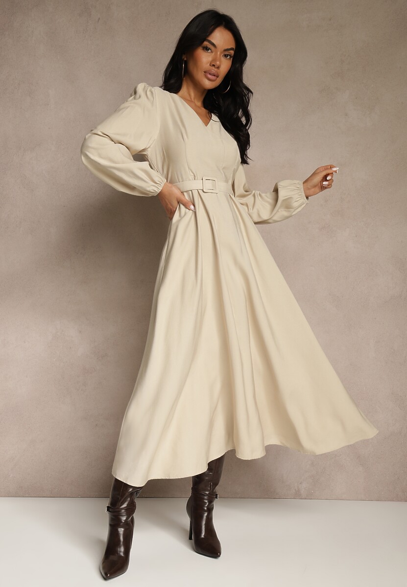 Brązowa Rozkloszowana Sukienka z Wiskozy z Paskiem ze Sprzączką Orille