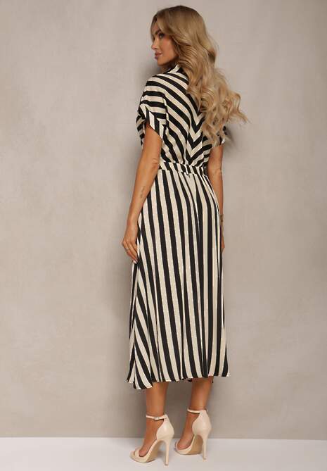 Beżowo-Czarna Rozkloszowana Sukienka z Gumką w Talii i Guzikami z Printem w Paski Jentia