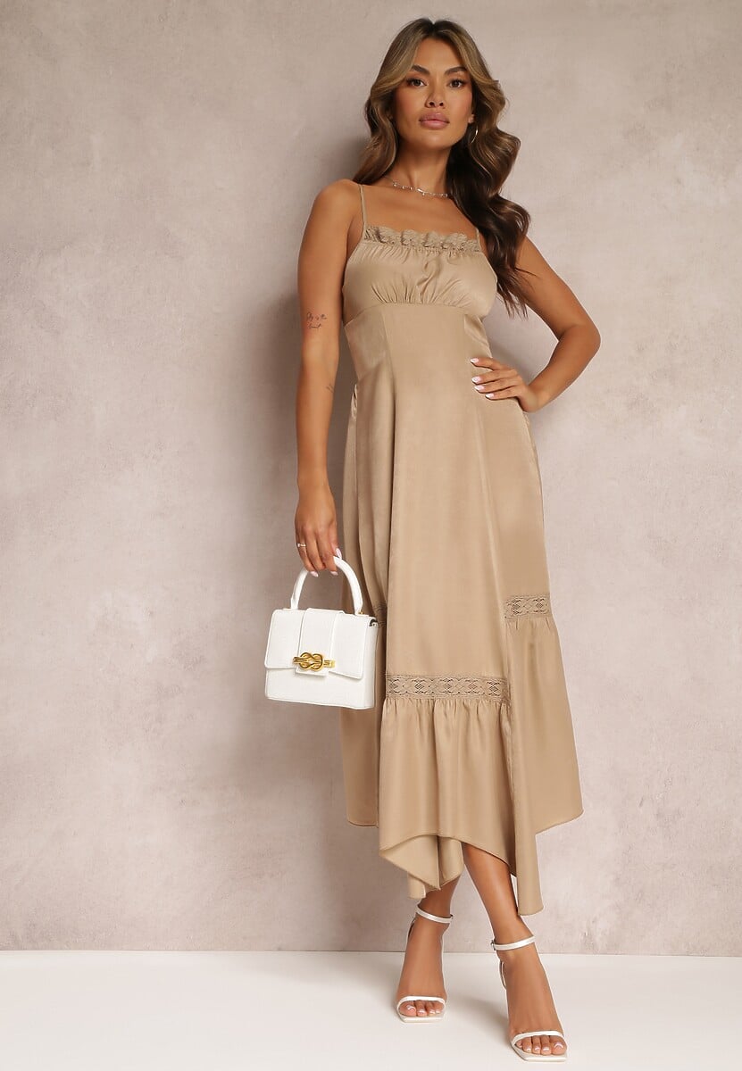 Beżowa Rozkloszowana Sukienka Maxi z Asymetrycznym Dołem Chelsene