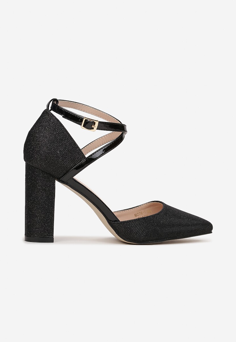 Czarne Brokatowe Czółenka na Słupkowym Obcasie ze Szpiczastym Noskiem Soumaya