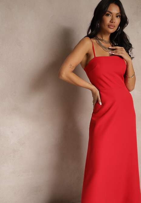 Czerwona Rozkloszowana Sukienka na Ramiączkach z Wywiniętym Dekoltem Jenavitia