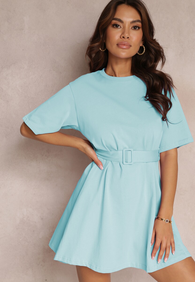 Fioletowa Rozkloszowana Sukienka Mini z Bawełny z Dodatkowym Paskiem Seibeia