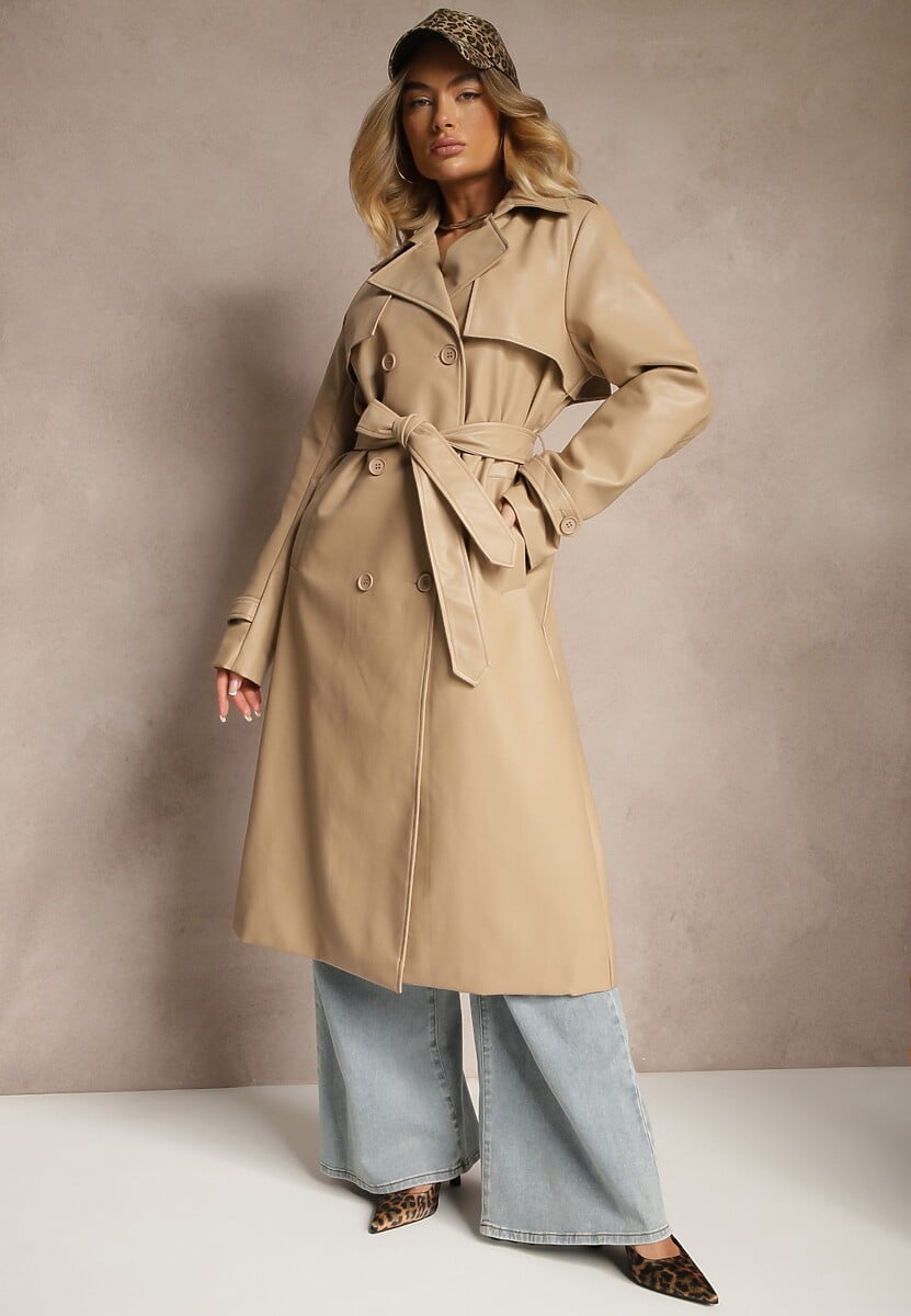 Czarny Płaszcz Trencz z Ekoskóry Wiązany w Pasie Ozdobiony Paskami Valentisha