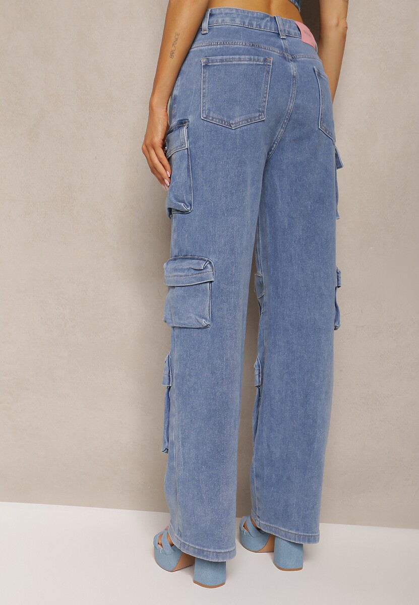 Niebieskie Spodnie High Waist z Szerokimi Nogawkami i Wieloma Kieszeniami Relada