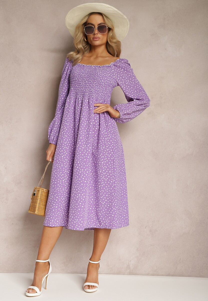 Fioletowa Midi Sukienka Rozkloszowana w Kropki Gernia