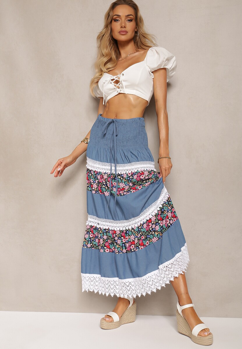 Granatowo-Biała Bawełniana Spódnica High Waist z Gumką w Talii i Ozdobną Koronką Tesaquin