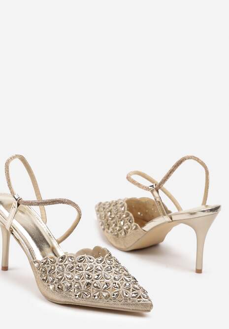 Złote Sandały na Szpilce Slingback z Cyrkoniami Dimte
