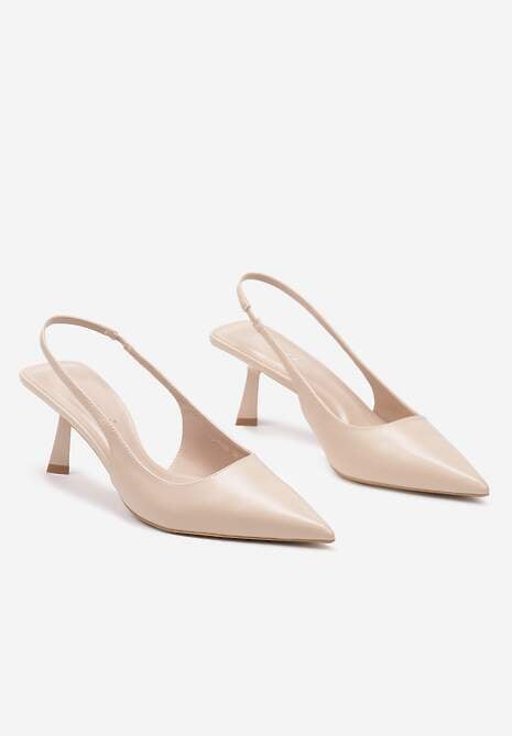 Beżowe Wsuwane Sandały Sling-Back na Kaczuszce ze Szpiczastym Noskiem Oxena