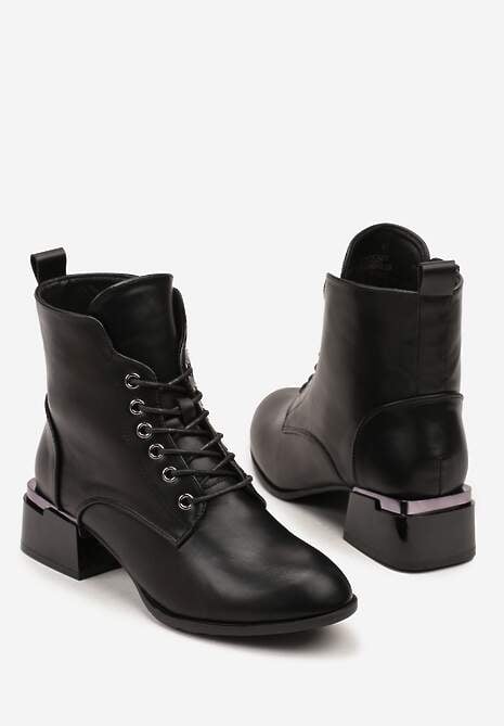 Czarne Botki Vices na Klocku ze Zdobieniem i Sznurowaną Cholewką Falmirea