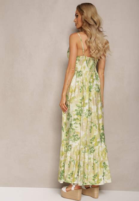 Zielona Sukienka o Rozkloszowanym Fasonie w Kwiaty z Bawełny i Wiskozy Ozdobiona Wiązaniem na Dekolcie Nasima