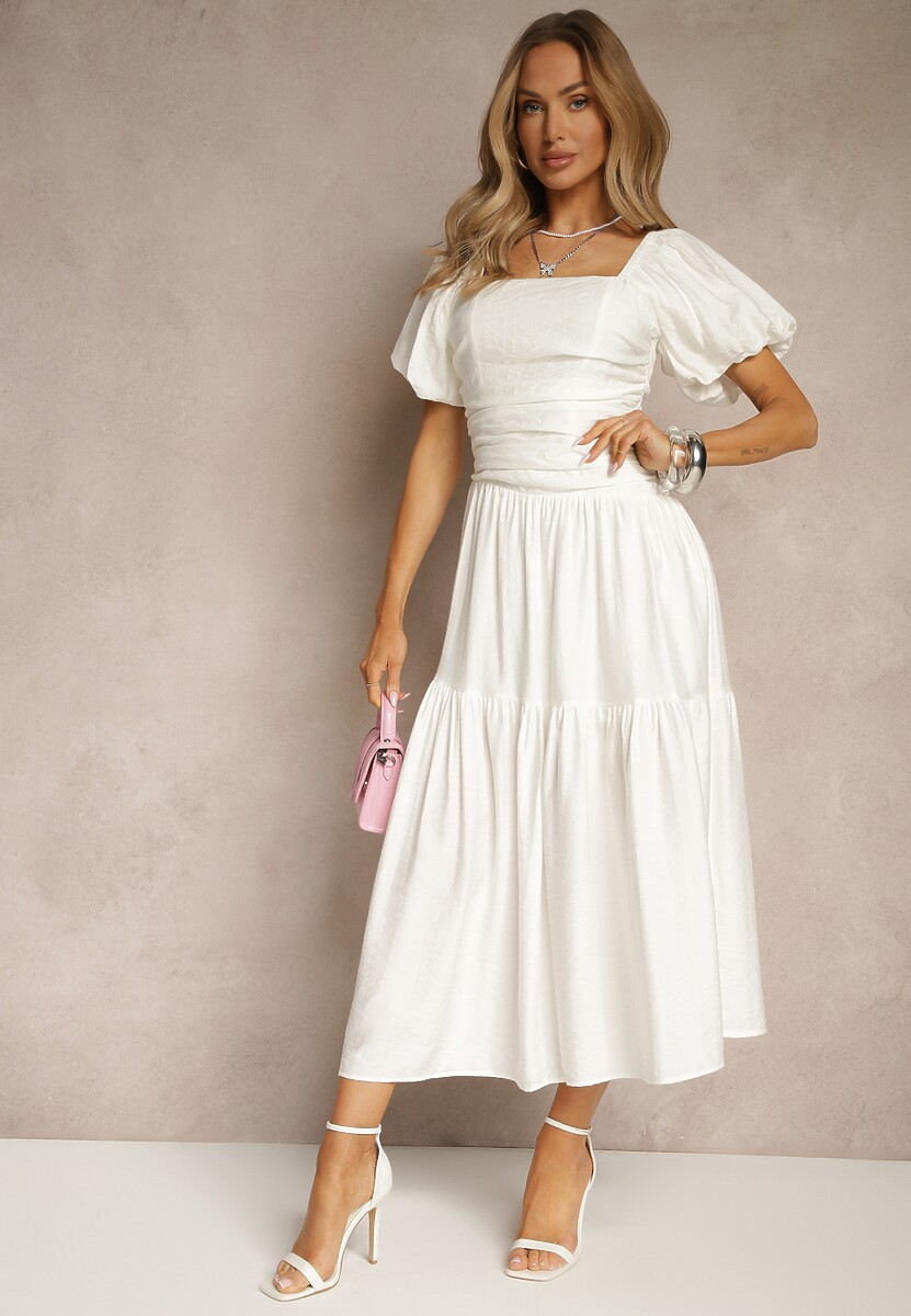 Niebieska Sukienka Wiskozowa Drapowana z Rozkloszowanym Dołem Naprine