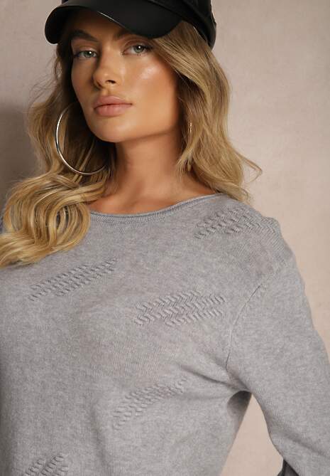 Szary Sweter o Klasycznym Kroju z Ozdobnymi Guziczkami po Bokach Melornia