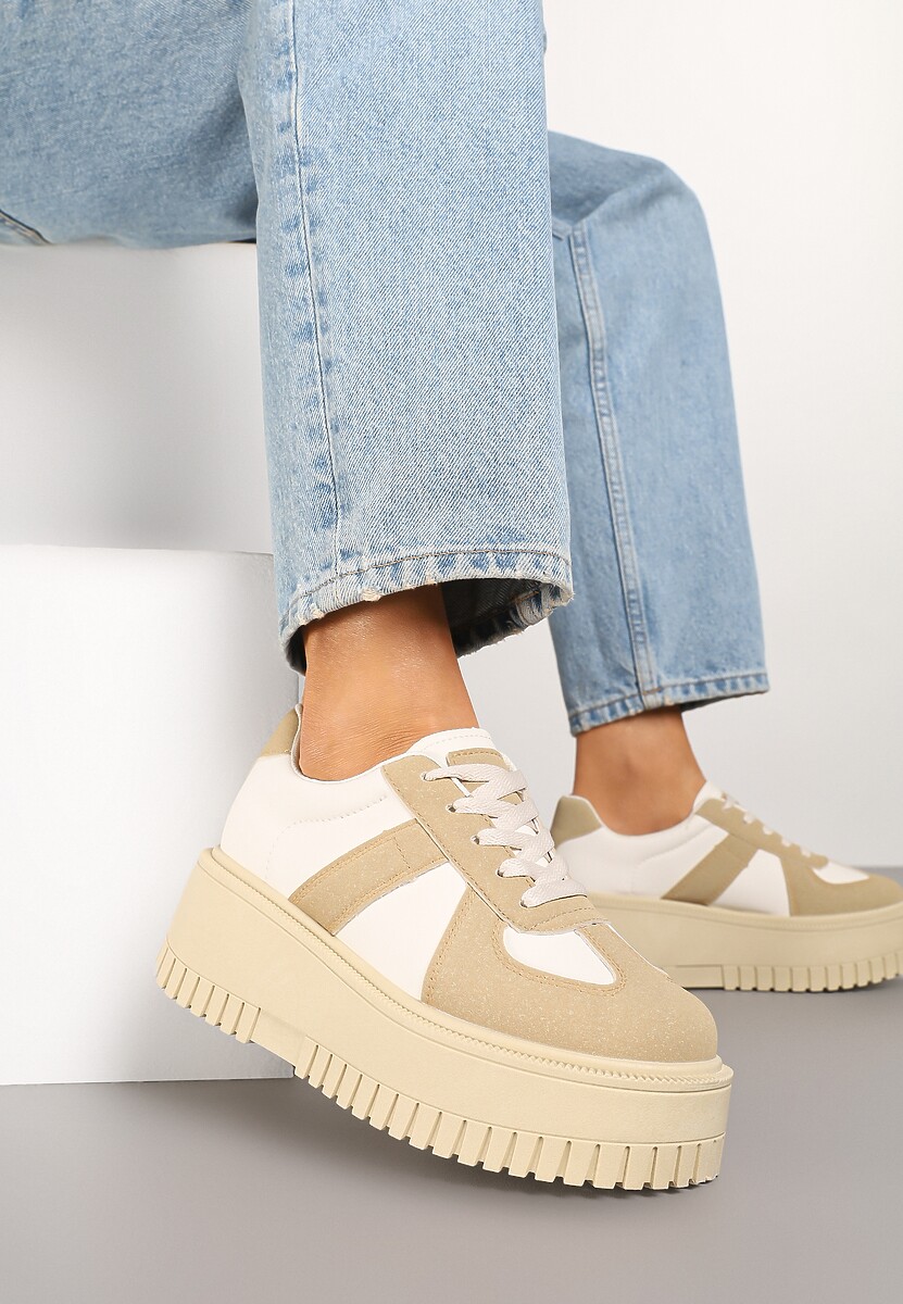 Ciemnobeżowe Sneakersy Typu Tenisówki na Żłobionej Platformie Lorreia