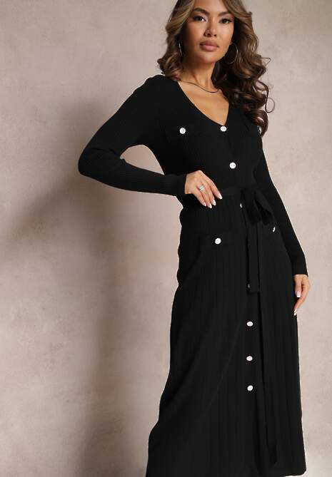 Czarna Sweterkowa Sukienka Maxi na Guziki z Wiązanym Paskiem Onykis