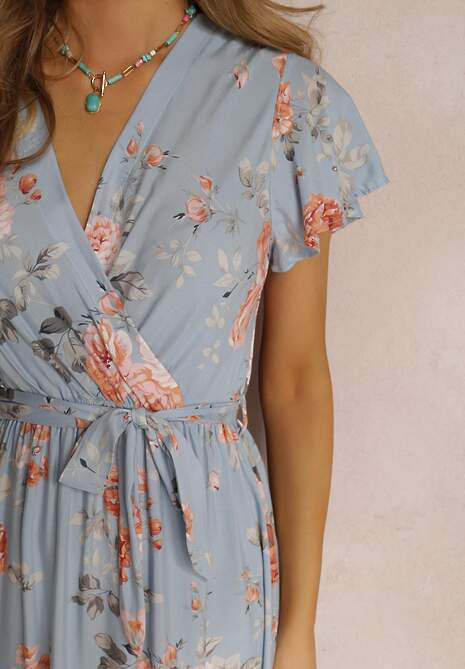 Jasnoniebieska Sukienka w Kwiaty o Kopertowym Kroju z Wiązanym Paskiem Iphene