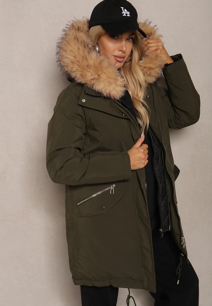 Jasnobeżowa Kurtka Parka Ściągana w Talii z Podwójnym Suwakiem i Kapturem z Futrem Edrieth