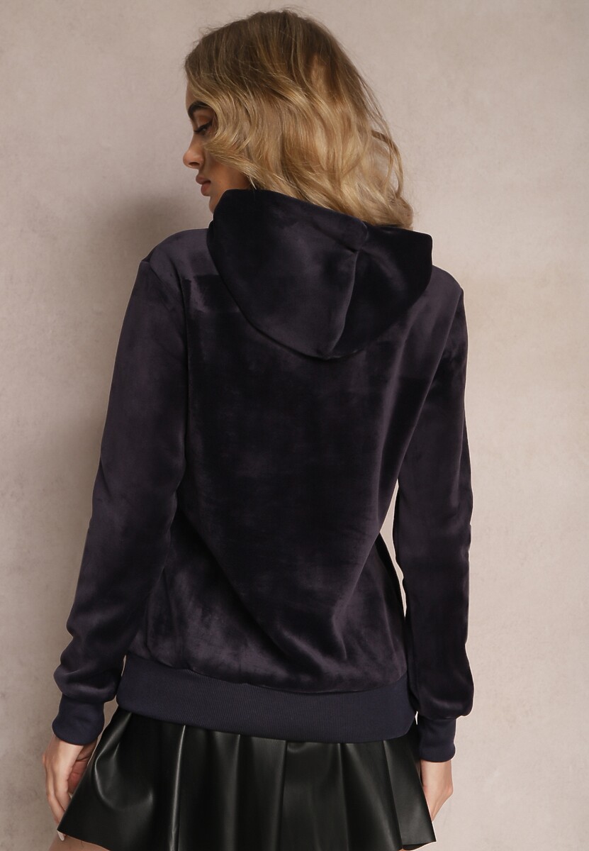 Granatowa Welurowa Bluza z Haftowanym Napisem Hastte