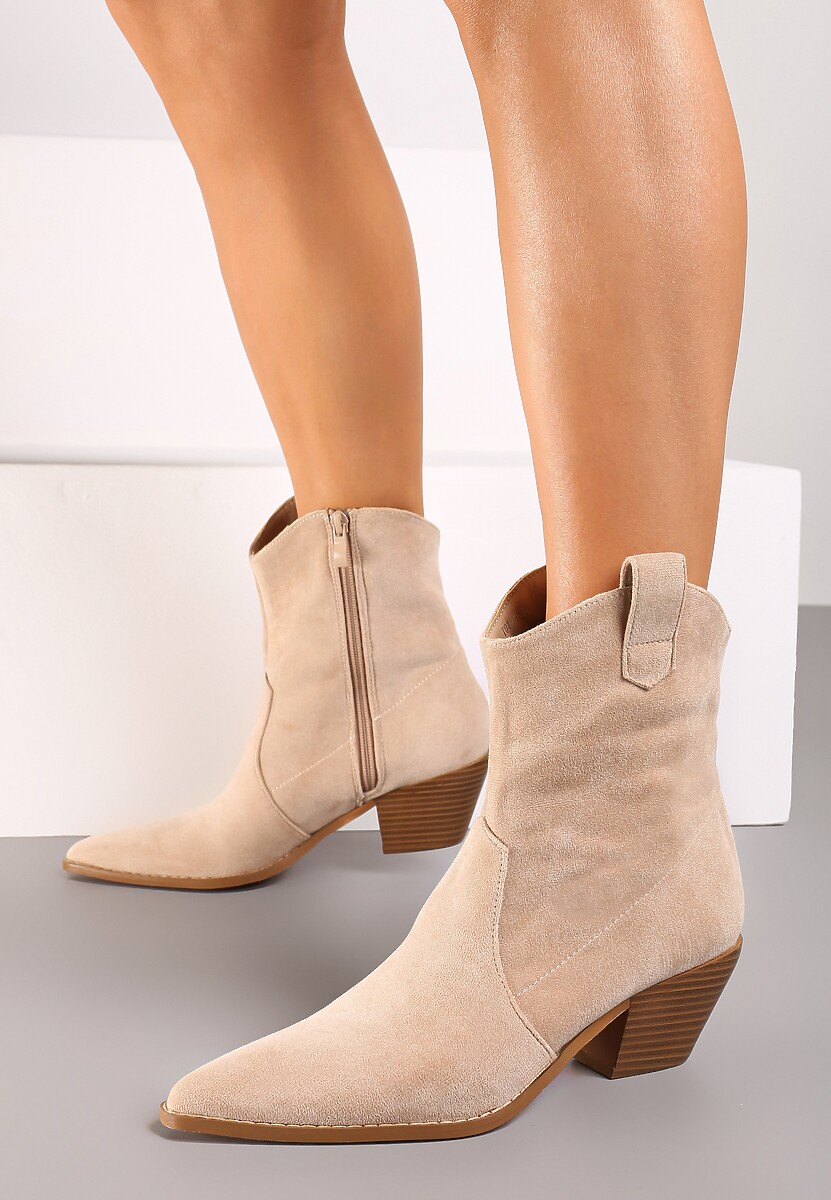 Beżowe Botki na Stożku w Stylu Kowbojek Saivana